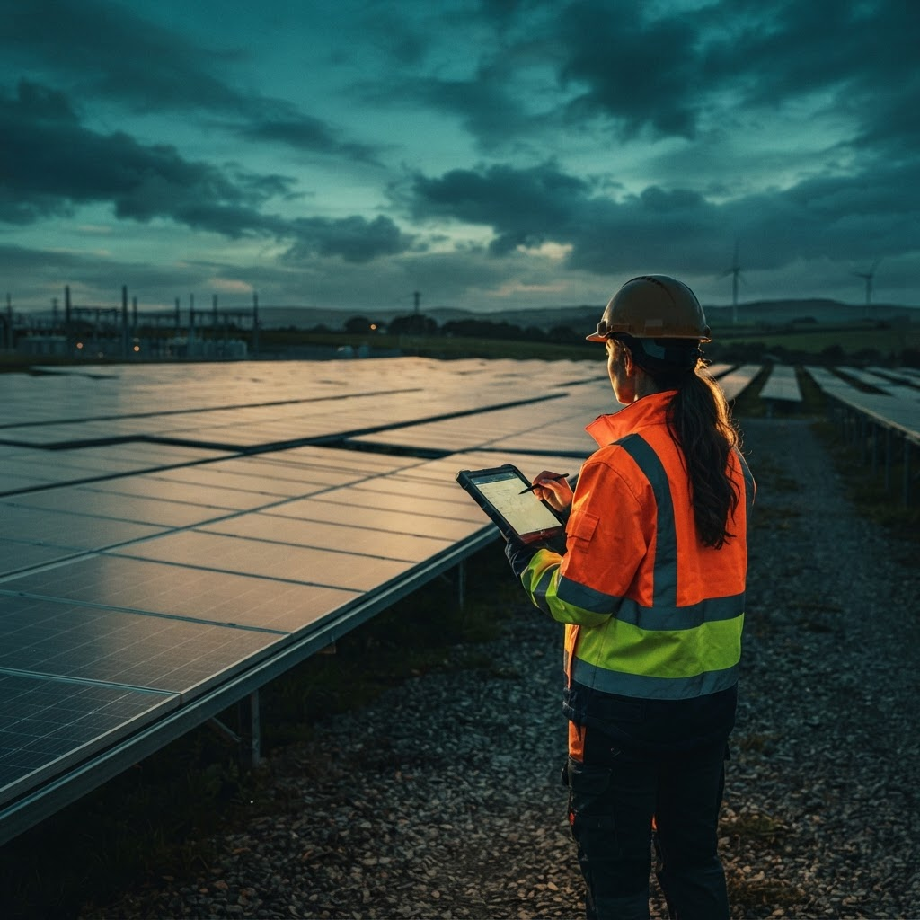 A renewable energy engineer reviewing site data on a tablet beside solar panels